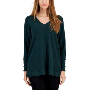 Anne Klein Women's Seamed-Front Button-Cuff V-Neck Sweater, Mist,  XS